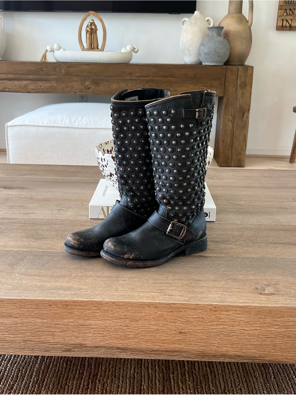 Frye Jenna Disc Tall Studded Moto Boots Distressed Brown Leather Women’s 6.5 B